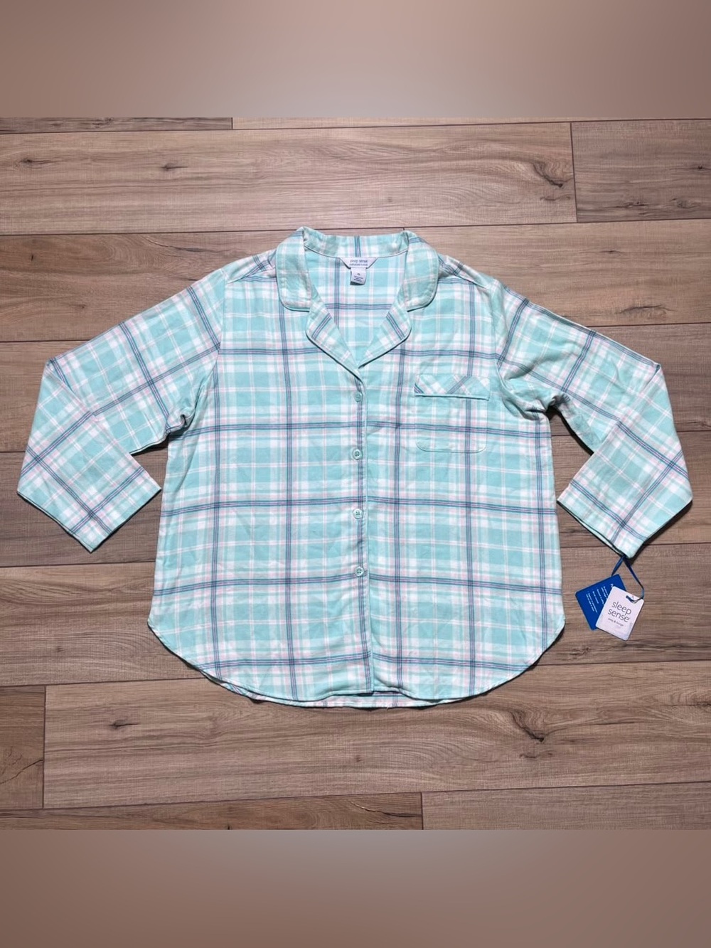 Sleep Sense Womens Portuguese Flannel Button Up Plaid Pajama Top XL Aqua Plaid
